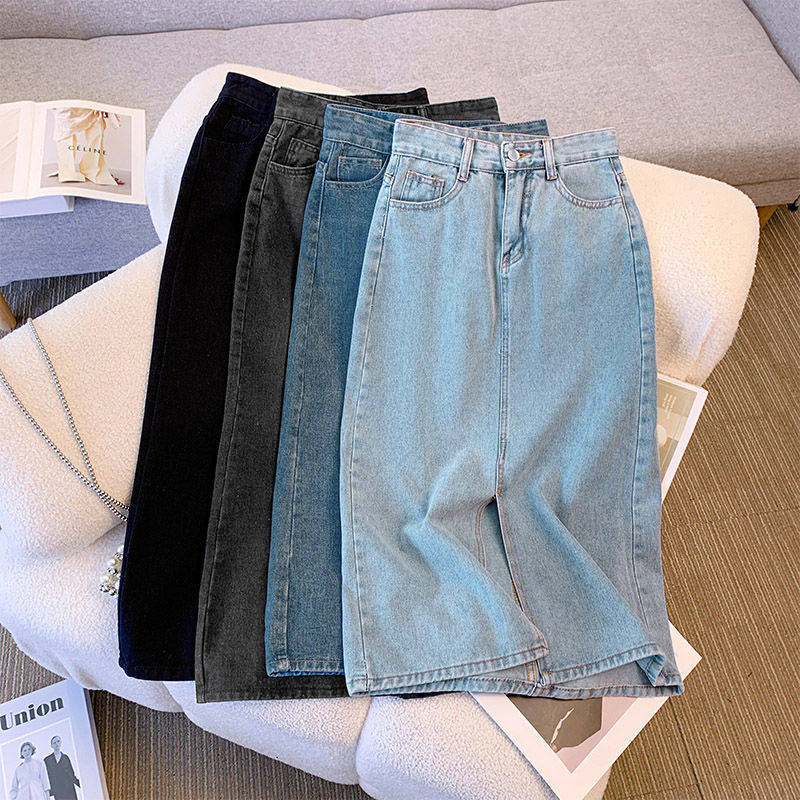 High-Waist Denim Midi Skirt with Slit